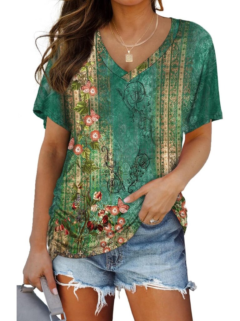 Women's Floral Green Summer Short Sleeve V Neck Tops With Side Shirring Shirts